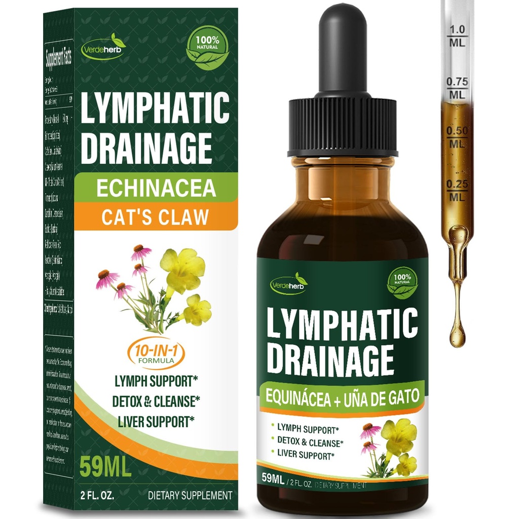 Cleavers gouttes de drainage lymphatiques améliorer le nettoyage du système de détox, Echinacea, Thistle de lait, Cats Griffe, Turmeric, Dandélion, Burdock Immune Supplément de soutien. 2oz
