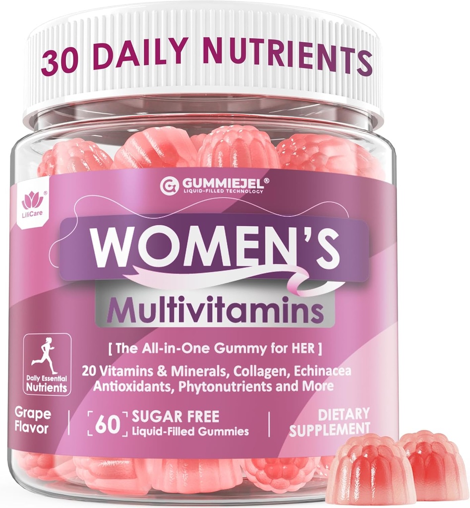 Femmes Multivitamine Gummy avec Fer, Biotine 2500mcg, Collagène, Kératine, Vitamines quotidiennes A C D E Folate, Complexe B, Multivitamine méthylée pour les femmes Soutenir l'énergie, Beauté, Immune, Sans sucre, 60 Compte