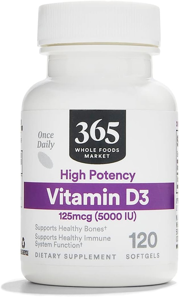 365 par Marché des aliments entiers, Vitamine D3 Softgels, 5000 UI, 120 CT