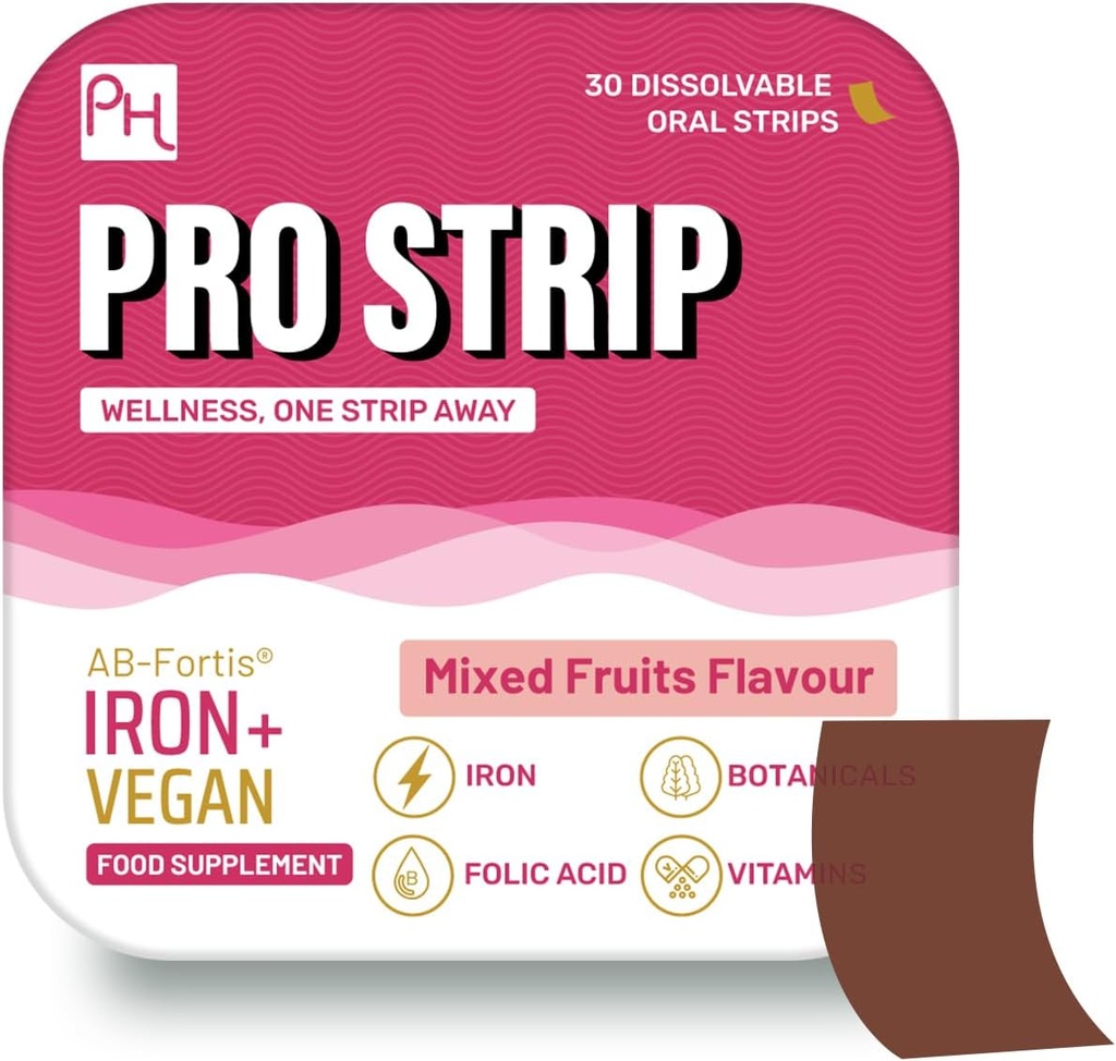 PROSTRIP® Iron+ AB-Fortis® 14mg ajouté avec la vitamine C, B1, B2, B6, acide folique, betterave, épinards et cerises à tart – 30 bandes végétales orales – Pas d'eau nécessaire – haute absorption par les soins de santé prowise