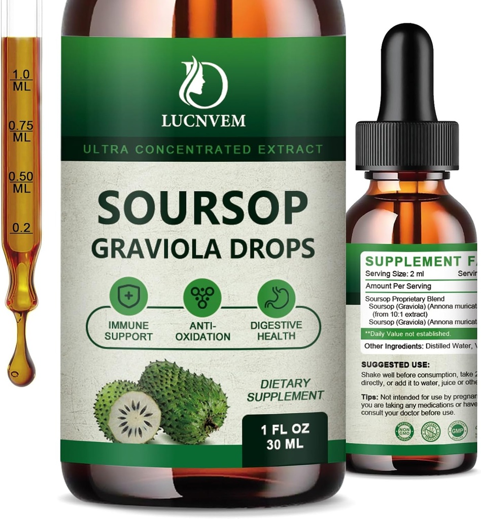 Sourop Graviola gouttes liquides 2000mg, Extrait de Sourop Pure organique pour l'antioxydant naturel, le soutien cellulaire et la régénération, Immune Boost, Soursop Bitters liquide - Sourop Flavor- 1 FL OZ