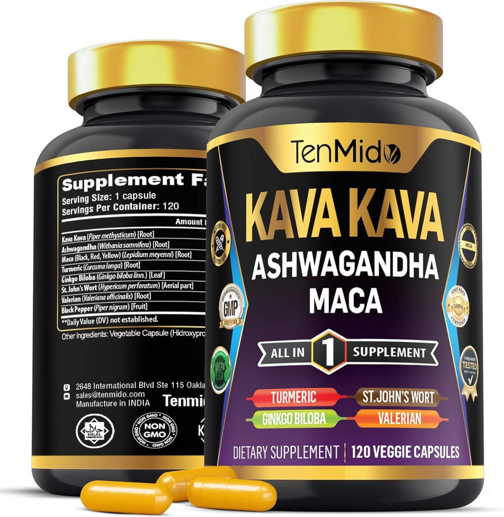 Kava Kava Root Supplement - 8in1 Formule - Combiner avec Ashwagandha, Maca, Turmeric, Ginkgo Biloba, St. John's Wort, Valérian & Black Pepper - 120 Capsules Vegan, 4 mois d'approvisionnement