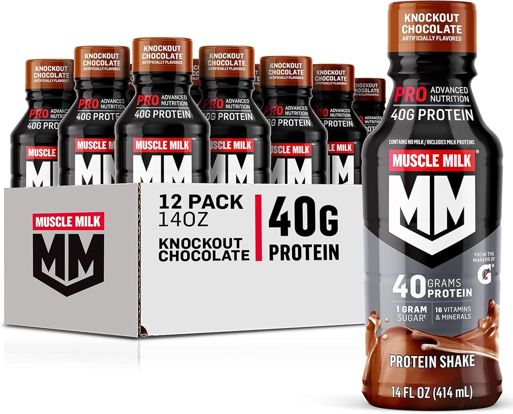 Muscle Lait Pro Nutrition avancée Protein Shake, Chocolat de Knockout, Bouteille 14 Fl Oz, 12 Pack, 40g Protéines, 1g Sucre, 16 Vitamines et Minéraux, 6g Fibre, Récupération d'entraînement, Emballage Mai Varier