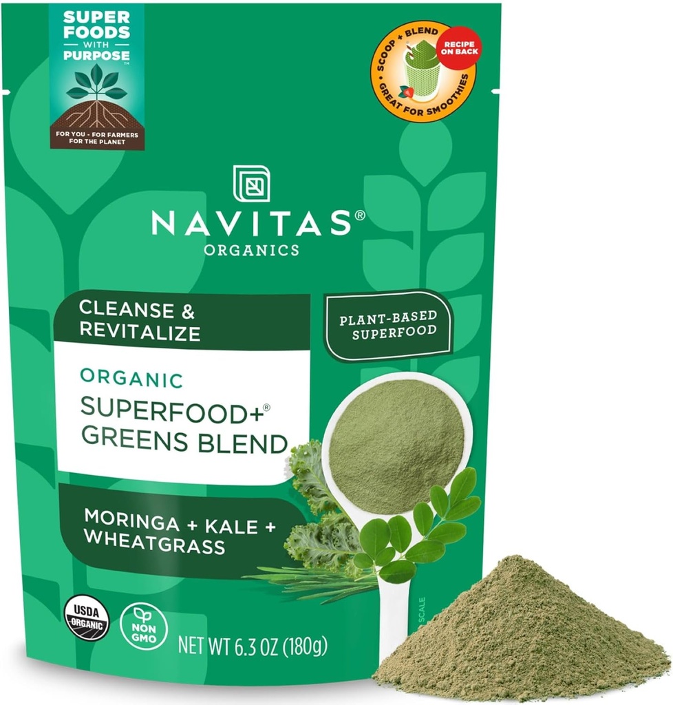 Navitas Organics Superfood+ Greens Blend for Detox Support (Moringa + Kale + Wheatgrass), 6.3oz Sac, 30 portions — Organic, Non-OGM, Vegan, Sans gluten, Keto & Paleo....