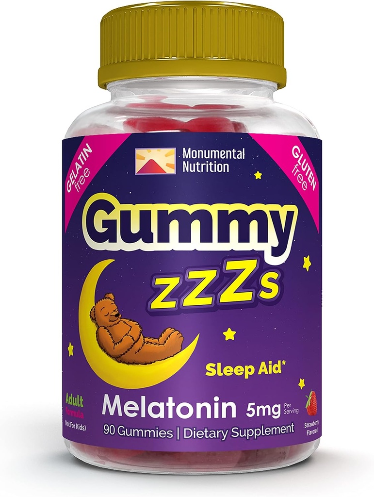 Gummy ZZZs Melatonin - Gummies de sommeil 5 mg - Fraise Flavor - 90 Compte - Vegan-friendly, sans gélatine et sans gluten - Halal et certifié Kosher - Gummies de nuit pour hommes et femmes