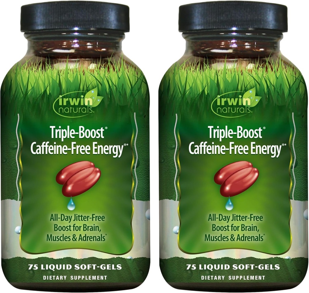 Irwin Naturals Triple-Boost Énergie sans caféine – 75 liquides Soft-Gels – Adaptogenic Daily Energy Support - 2 Pack
