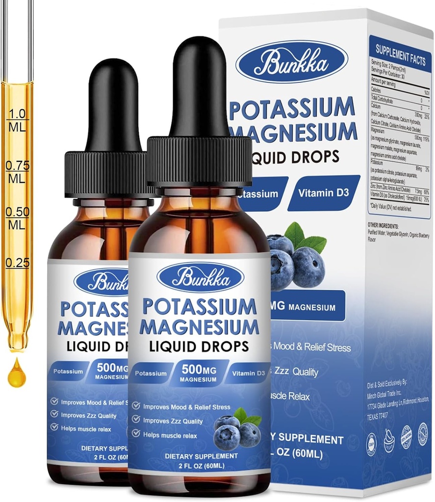 (2 Pack) Supplément de magnésium de potassium liquide avec du potassium, du magnésium, du calcium, de la vitamine D3, du zinc, pour adultes et enfants, sans sucre
