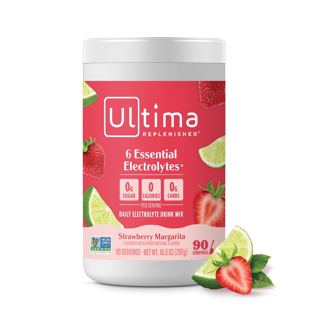 Ultima Replenisher Mélange quotidien de poudre d'électrolyte – Sans sucre – Margarita aux fraises, 90 portions – Poudre d'hydratation avec 6 électrolytes clés et minéraux traces – Keto Friendly, Non-OGM