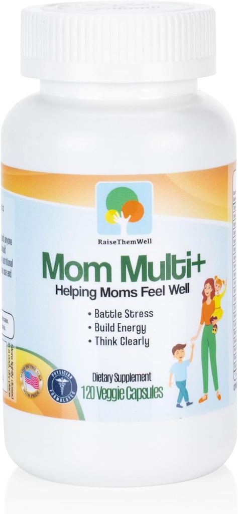 Elever bien Mom Multi+ Multivitamine quotidienne pour les femmes avec folate actif, adaptogènes et Bacopa, énergie, stress et soutien cognitif, 120 Capsules Veggie