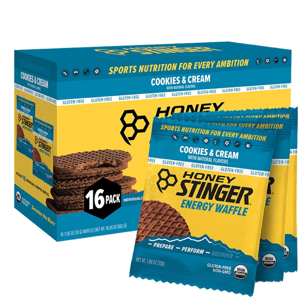 Honey Stinger Bio Gluten Cookies & Cream Waffle, Energy Stroopwafel pour l'exercice, l'endurance et la performance, la nutrition sportive pour la maison et le gym, avant et pendant l'entraînement, 16 gaufres, 16.96 Ounce