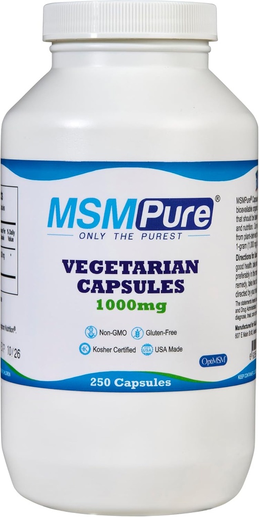 KALA Health MSMPure MSM Capsules végétariennes – 1000 mg US-Fabriqué MSM par gélule pour la santé articulaire, l'apparence cutanée, le soutien des cheveux et des ongles – 250 Compte, soufre organique