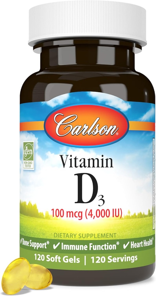 Carlson - Vitamine D3, 4000 UI (100 mcg), Suppléments de vitamine D, Santé des os et immunitaires, Supplément Cholecalciferol, Capsules de vitamine D sans gluten, 120 Softgels