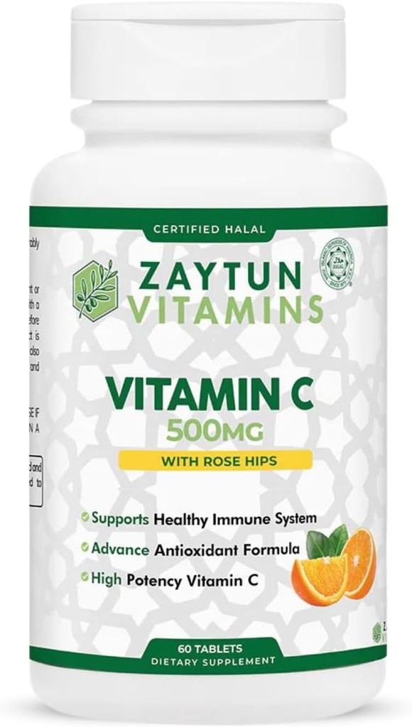 Comprimés Halal Vitamine C 500mg avec Rose HIPS soutient le système immunitaire, antioxydant naturel avec les bioflavonoïdes d'agrumes - Vegan - Sans gluten - 2 mois d'approvisionnement - Vitamines Halales