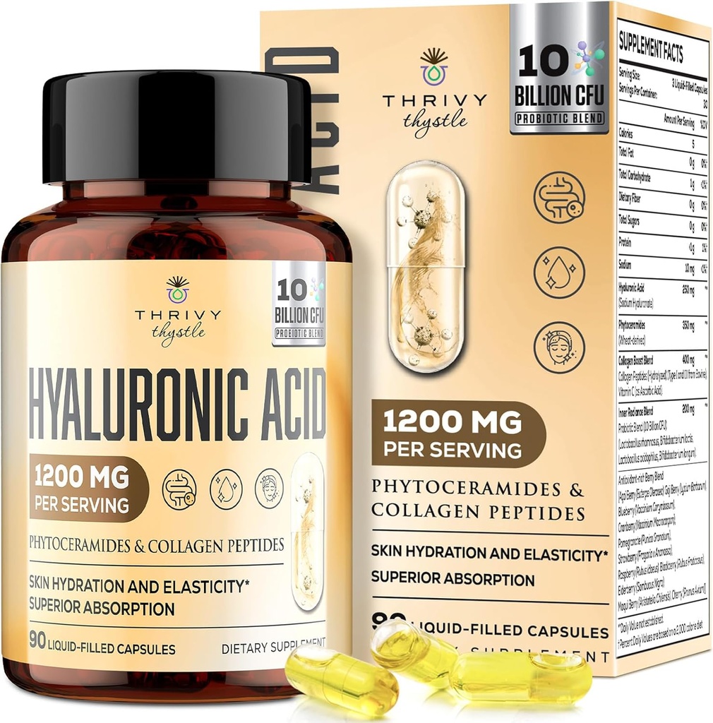 19-in-1 Hyaluronic Acid Capsules - Hylunaric Acid 1200 mg, with Collagen Peptides, Vitamin C, Phytoceramides - for Skin, Eyes, Gastrointestinal, Bones Support (1 Pack)