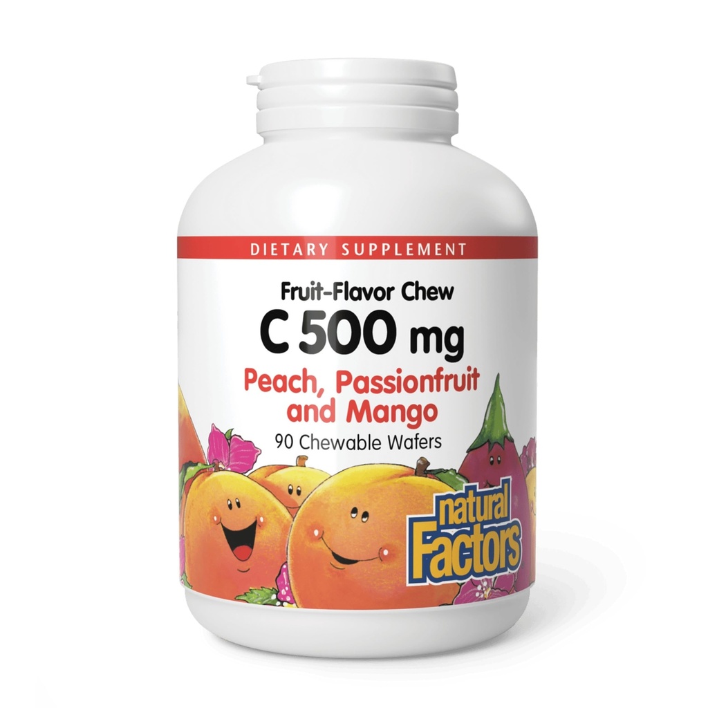 Facteurs naturels, Enfants Vitamine C à mâcher 500 mg, soutient la santé immunitaire, les os, les dents et les gencives, la pêche, le pamplemousse et la mangue, 90 Wafers