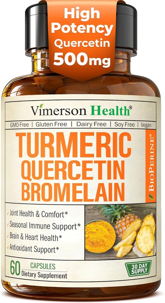 Quercetin avec supplément curcumin bromelain curcuma – Allergy Relief, Joint & Immune Support – Supplément curcuma biologique avec poivre noir (Bioperine) – 60 capsules Quercetin 500mg