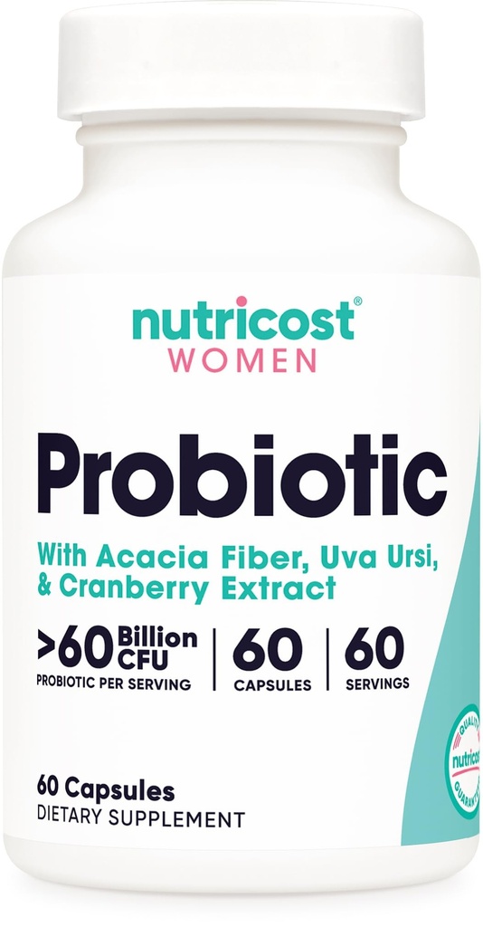 Probiotique Nutricost pour femmes 60 milliards CFU, 60 capsules, complexe avec fibre d'acacia, Uva Ursi et extrait de canneberge - sans OGM et sans gluten