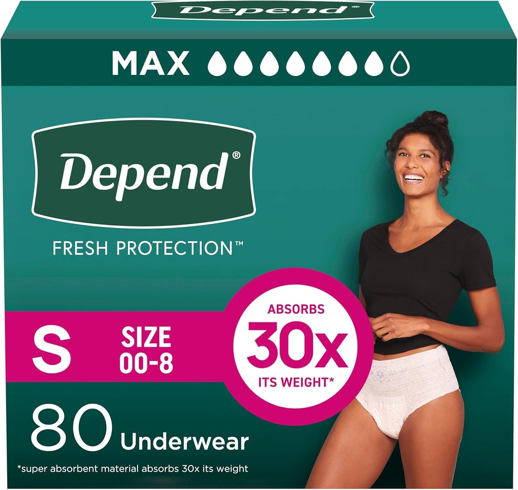 Depend Fresh Protection Couches adultes, Incontinence & Postpartum Bladder Sous-vêtements pour femmes, jetable, maximum, petite, Blush, 80 Compte (2 Packs de 40), Emballage May Vary