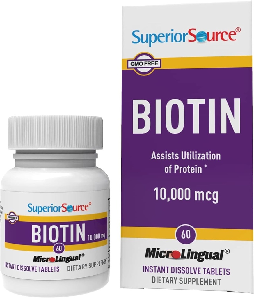 Superior Source Biotin 10 000 mcg - Supplément quotidien soutient la santé et la croissance des cheveux - Supplément biotin naturel aide les ongles et la peau en santé - 60 comprimés de dissolution sublinguale