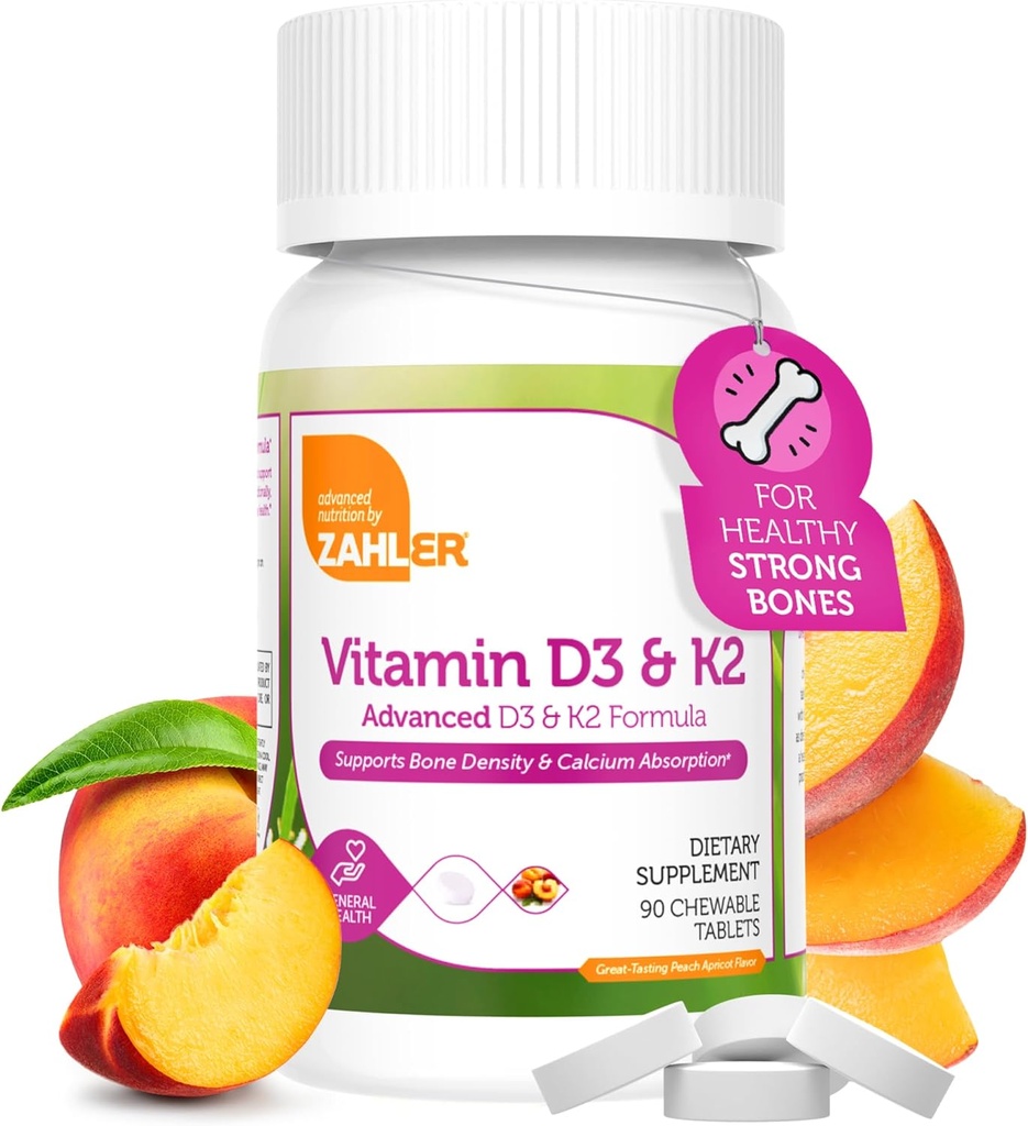 Zahler - Supplément à croquer Vitamine D3 & K2 (90 Nombre) - Certifié Kosher K2 D3 Vitamine 5000 UI Delicious Chew Comprimé - Vitamine D & K2 pour Absorption de calcium, Densité osseuse et Soutien immunitaire