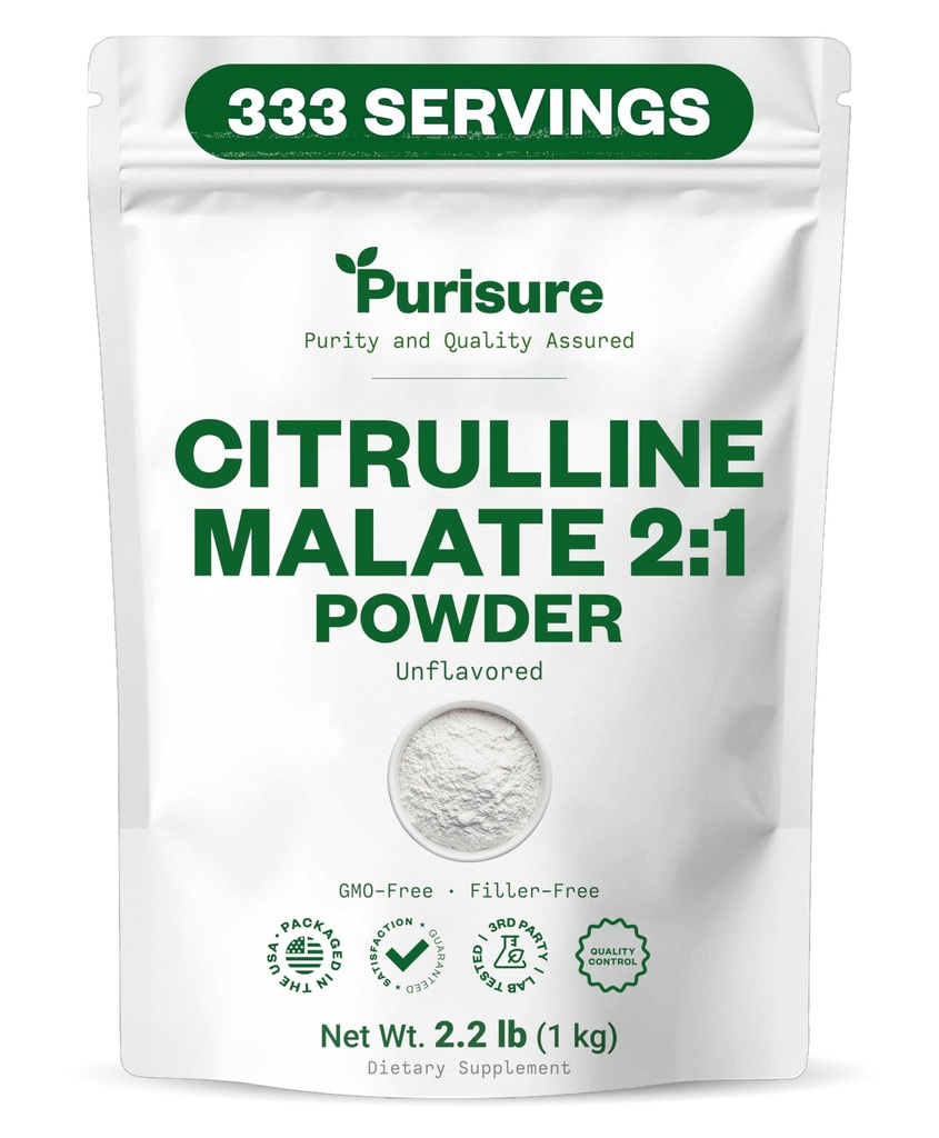 Purisure L Malate de Citrulline 2:1 Poudre, 1 kg, Supplément et nitrate pour la performance de résistance et l'énergie, Pré-entraînement L Arginine L Supplément Citrulline Poudre, 334 portions