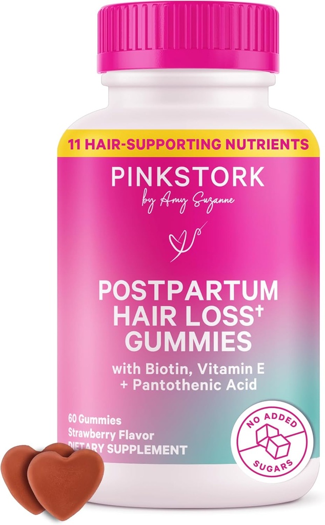 Pink Stork Postpartum Hair Loss Gummies | Biotin, Pantothenic Acid, Vitamin E, B6, B12 | Postnatal Hair Growth + Regrowth Support | Breastfeeding-Friendly | Postpartum Essentials | 60 Gummies