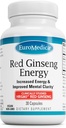 EuroMedica Red Ginseng Energy - Supplément pour soutenir l'énergie saine & Focus - Supplément à base de plantes avec poudre de racine coréenne de ginseng rouge - Comprimés végétaliens pour aider l'endurance saine - 30 capsules