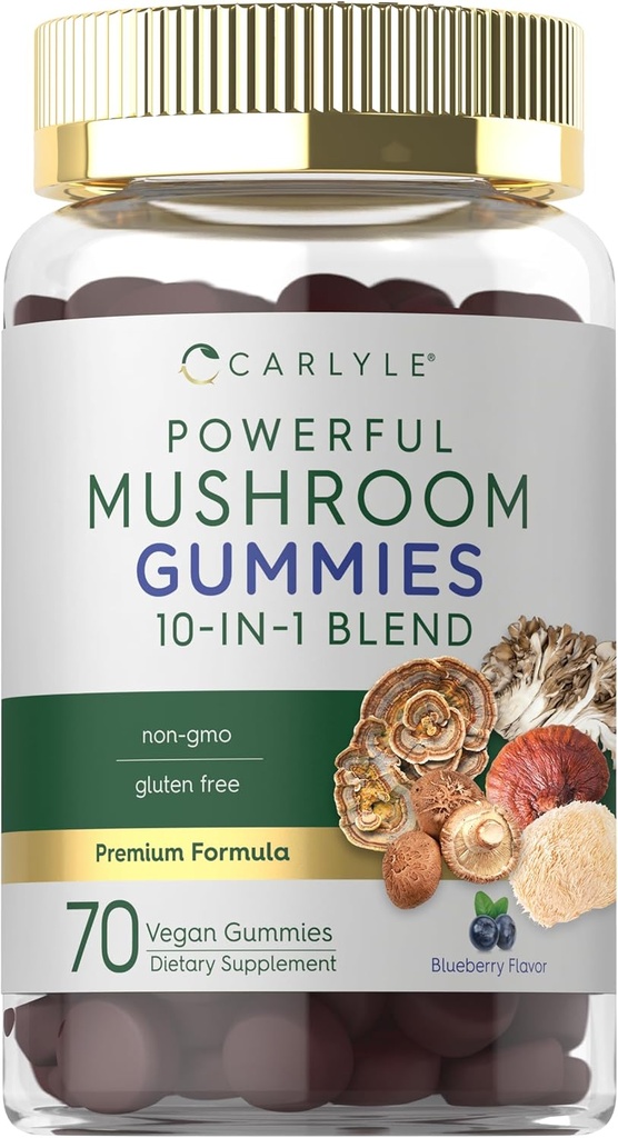 Supplément de champignons Carlyle Gummies de 70 Gummies végétaliens de 10-en-1 Blend de 10-en-1, sans OGM et sans gluten