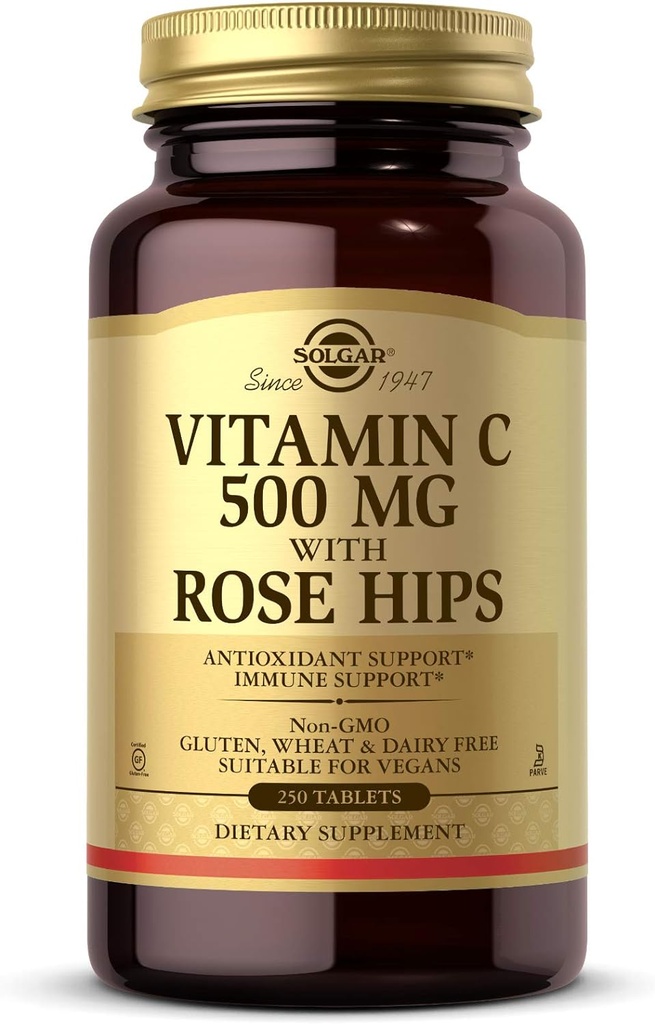 Solgar Vitamine C 500 mg avec des hanches de rose, 250 comprimés - Antioxydants et immunosupport - Santé globale - Soutiens peau et articulations saines - Non OGM, végétalien, sans gluten, sans lait, sans casher - 250 portions