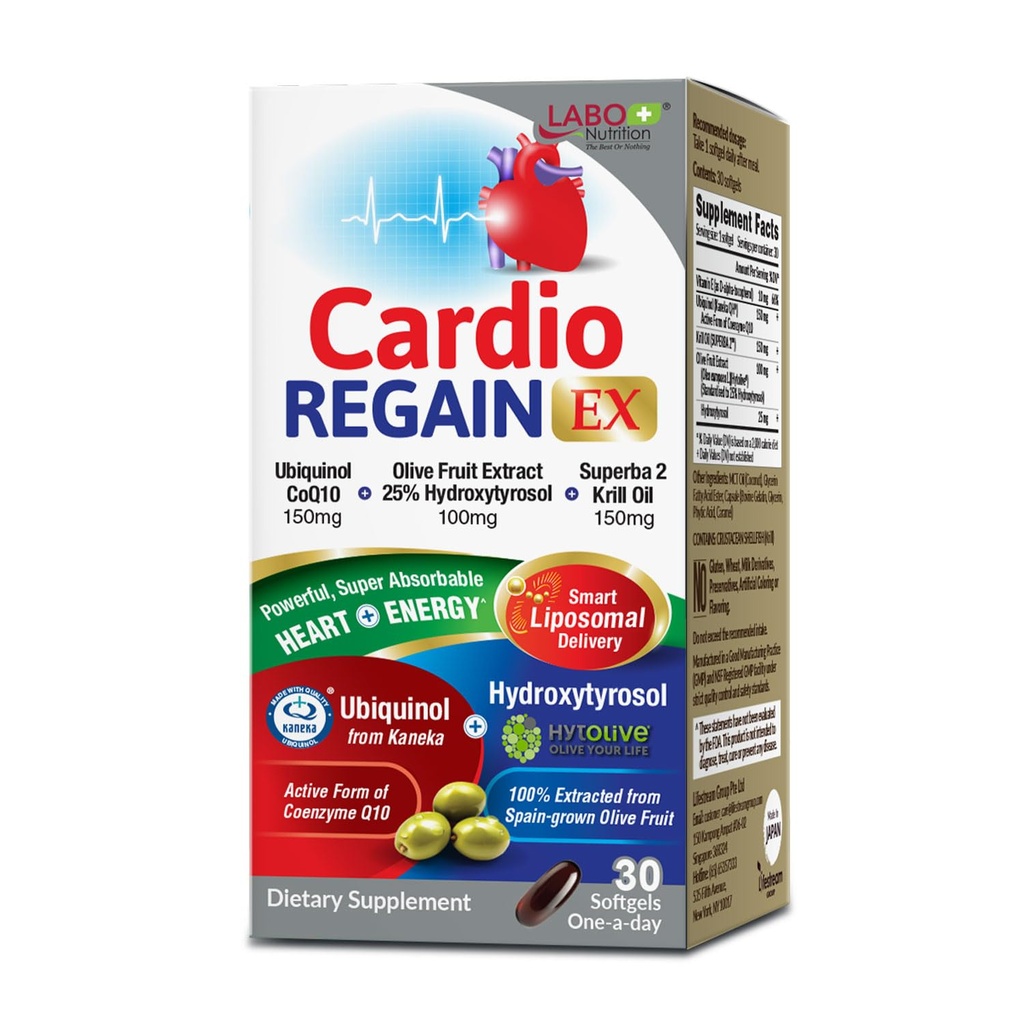 LABO Nutrition CardioREGAIN EX – Ubiquinol CoQ10 Supplément avec Kaneka QH 150mg, Extrait de fruits d'olive (25% Hydroxytyrosol), Huile de Krill – Coeur, Énergie cellulaire, Absorption liposomique, Non-OGM, Sans soja