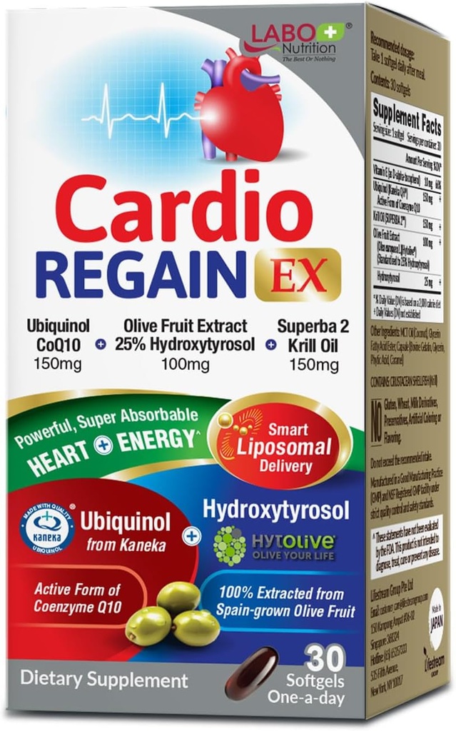 LABO Nutrition CardioREGAIN EX – Ubiquinol CoQ10 Supplément avec Kaneka QH 150mg, Extrait de fruits d'olive (25% Hydroxytyrosol), Huile de Krill – Coeur, Énergie cellulaire, Absorption liposomique, Non-OGM, Sans soja