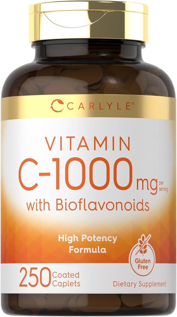 Carlyle Vitamin C 1000mg with Bioflavonoids | 250 Caplets | with Rose HIPS | Vegetarian, Non-GMO, Gluten Free Supplement