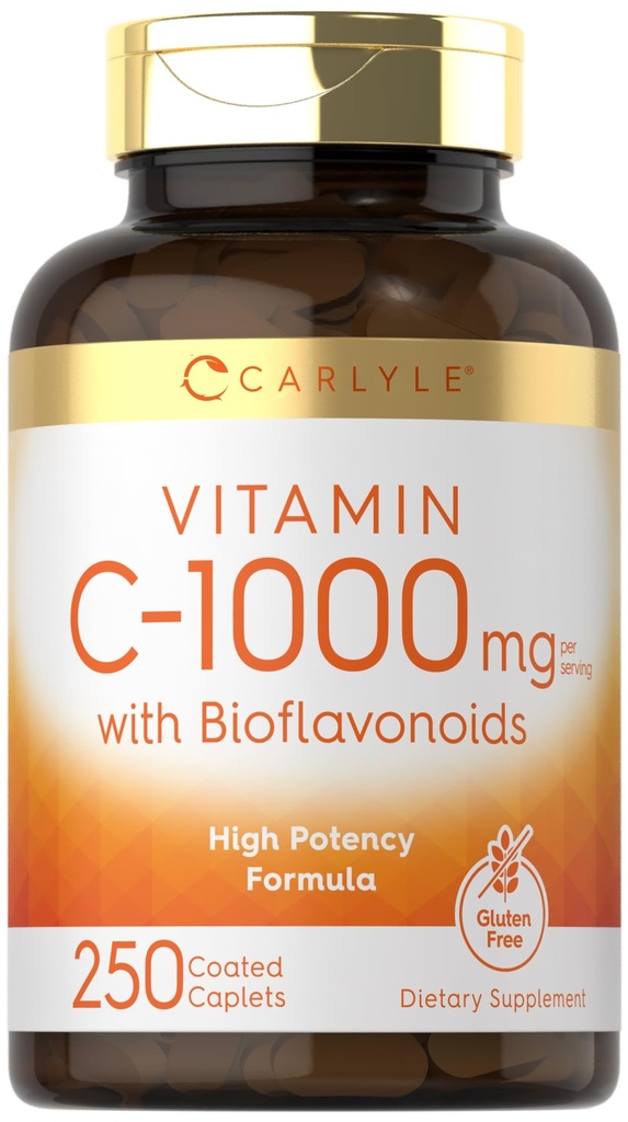 Carlyle Vitamine C 1000mg avec les hanches de rose et les bioflavonoïdes d'agrumes 250 Caplets, Végétarien, Non-OGM, Supplément sans gluten