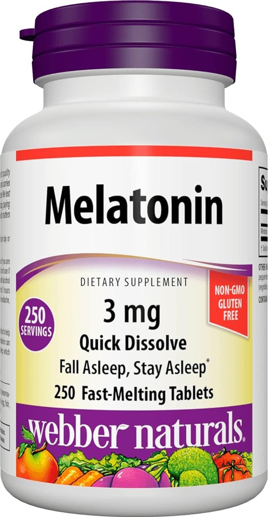 Webber Naturals Melatonine 3 mg, Dissolve facile, 250 comprimés, 100% sans médicament aide au sommeil pour les adultes, sans gluten, non-OGM, adapté aux végétariens