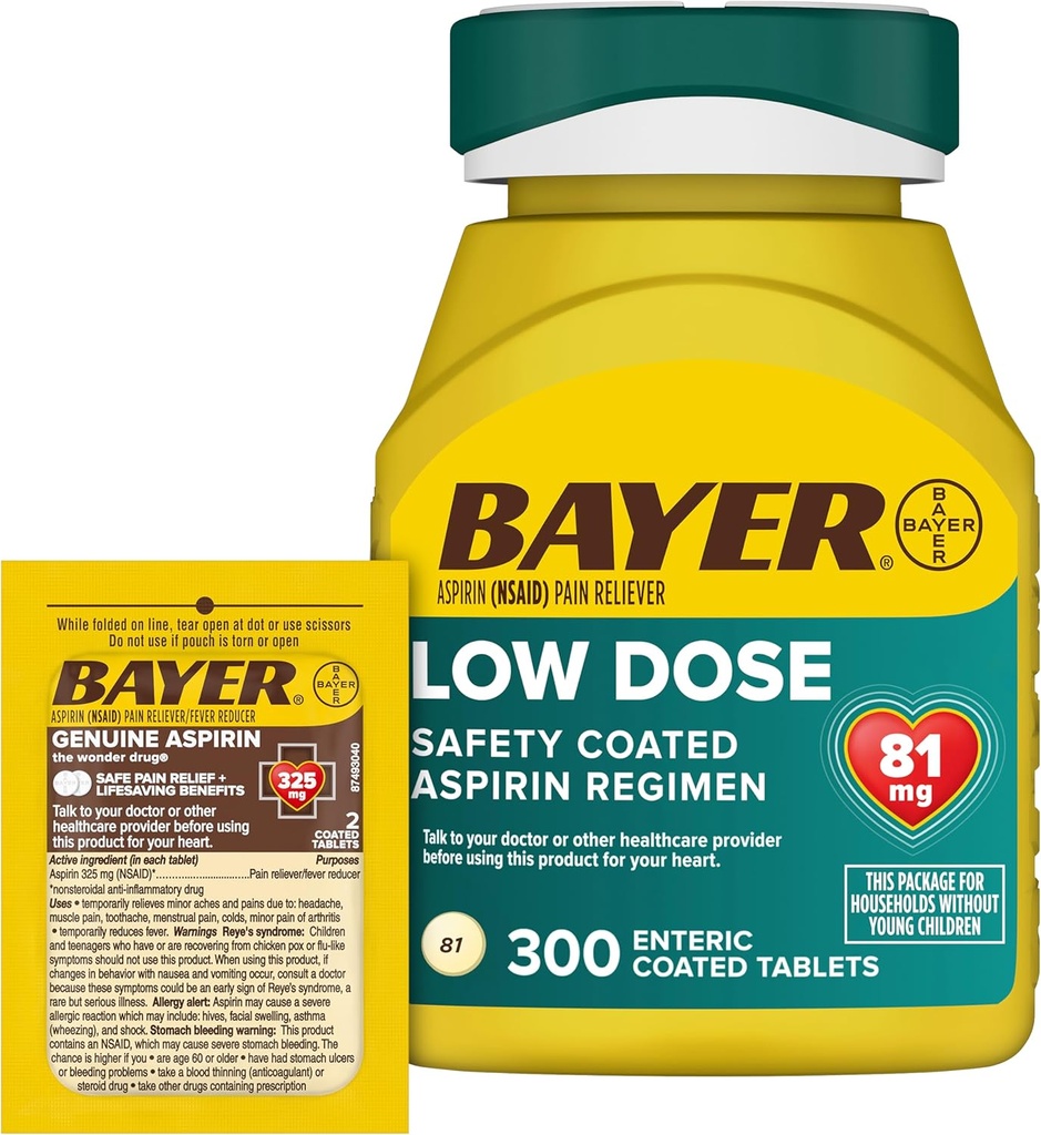 Bayer Aspirin 81mg Comprimés enrobés entériques 300ct et 2 Compter Pack de voyage d'Aspirine Véritable 325mg Comprimés entériques