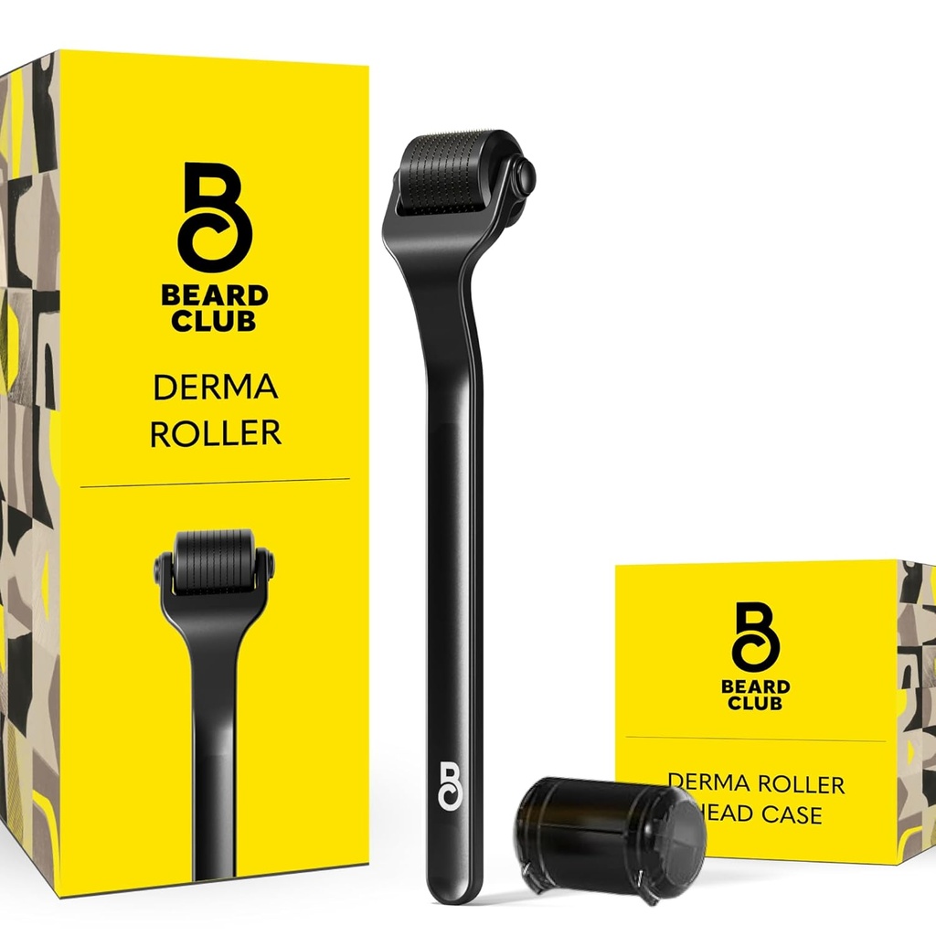 The Beard Club Premium Derma Roller pour visage, corps et scalp - Microneedling Roller pour hommes et femmes avec 540 microneedles de titane - pour cheveux et barbe - Poignée en métal pondéré - Boîtier de rangement magnétique