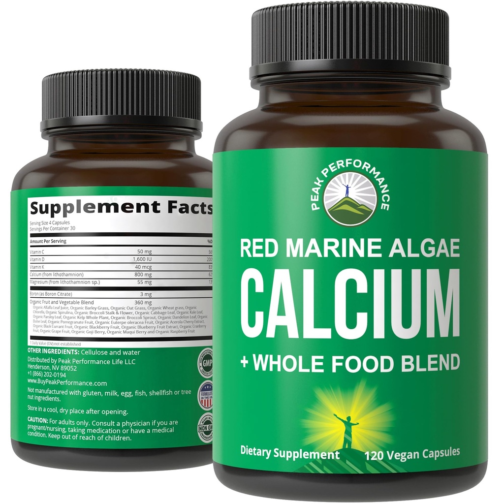 Calcium à base végétale - Supplément de Calcium aux algues marines rouges avec vitamine C, D3, K, magnésium et mélange de légumes entiers. Capsules végétaliennes pour os et articulations. 120 pilules, comprimés