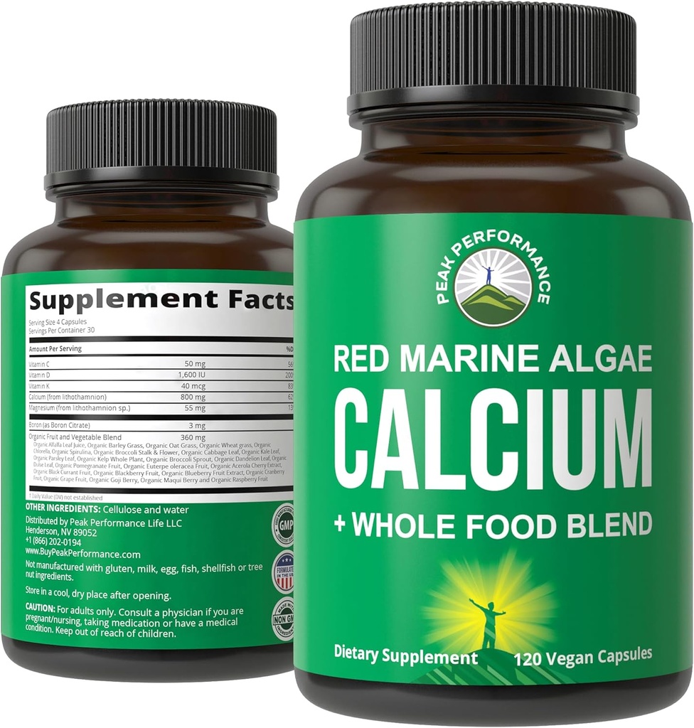 Calcium à base végétale - Supplément de Calcium aux algues marines rouges avec vitamine C, D3, K, magnésium et mélange de légumes entiers. Capsules végétaliennes pour os et articulations. 120 pilules, comprimés