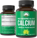 Calcium à base végétale - Supplément de Calcium aux algues marines rouges avec vitamine C, D3, K, magnésium et mélange de légumes entiers. Capsules végétaliennes pour os et articulations. 120 pilules, comprimés