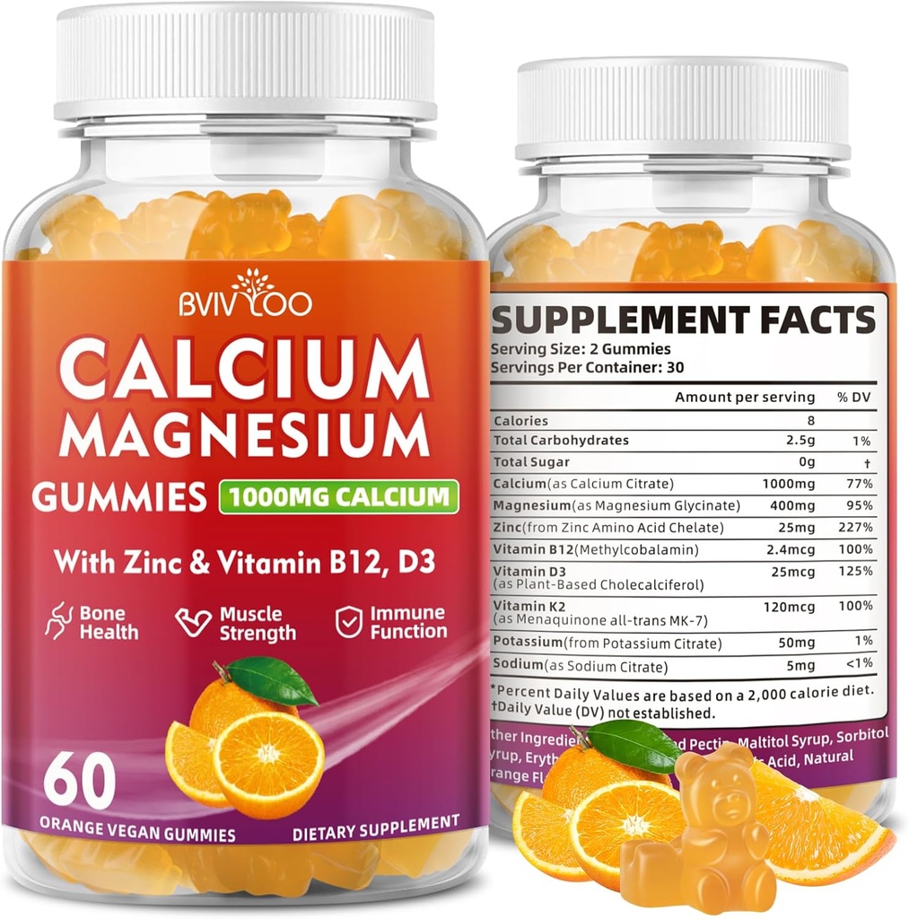 Gommies de calcium 1000mg avec Complexe Vitamine D3 K2 & B, Potassium, Gommies de zinc de magnésium de calcium pour les os, les muscles, l'humeur et l'immunité - Arôme orange 60 Gommies
