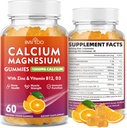 Gommies de calcium 1000mg avec Complexe Vitamine D3 K2 & B, Potassium, Gommies de zinc de magnésium de calcium pour les os, les muscles, l'humeur et l'immunité - Arôme orange 60 Gommies