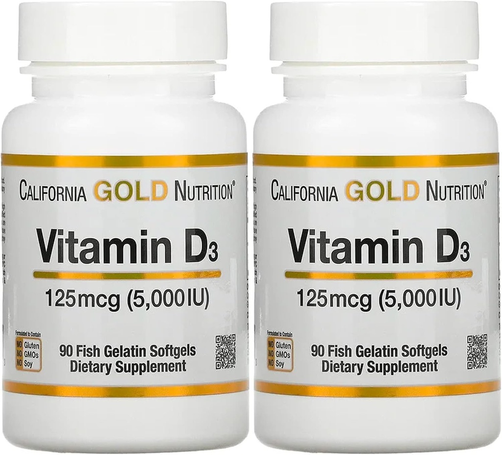 Supplément vitamine D3 par la Californie Gold Nutrition - Soutien pour des os et des dents sains - Système immunitaire Support - Sans gluten, sans OGM - 125 mcg (5 000 UI) - 2 pack de 90 softgels de gélatine de poisson
