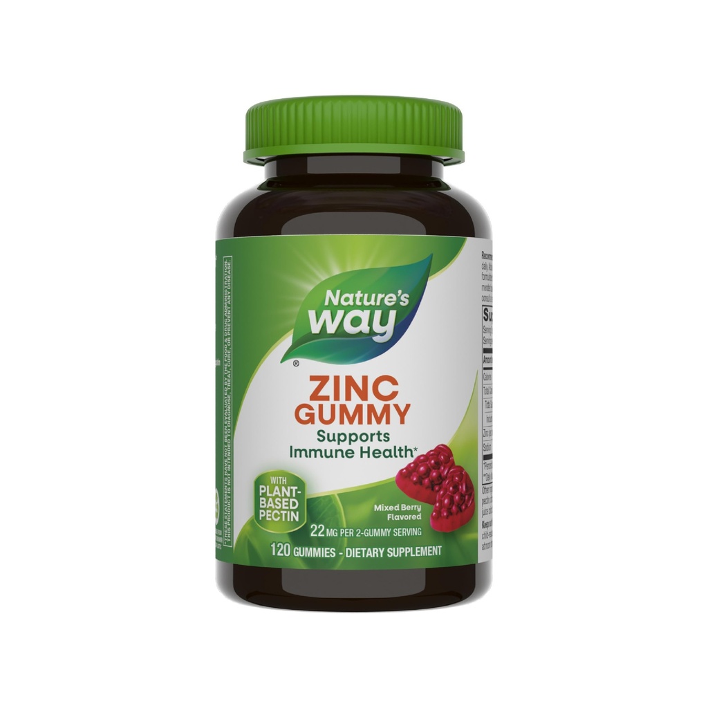 Nature's Way Zinc Gummies, Immune Support Gummy avec une valeur quotidienne de 100 % de zinc par 1-Gummy Servant*, Adultes et enfants 9+, Pectine sans gluten, base végétale, mélange de baies aromatisées, 120 Gummies