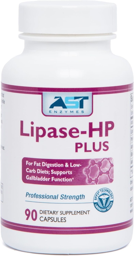 AST Enzymes Lipase-HP Plus – 90 Capsules végétariennes - Enzymes digestifs pour les aliments gras – Formule d'enzymes digestives du régime alimentaire kéto