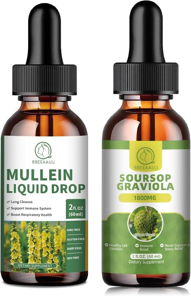 Gouttes de Mullein pour les poumons, Extrait de Mullein Leaf 1000MG pour le nettoyage pulmonaire et les gouttes liquides de Sursop Graviola 1800mg, Extrait de Sursop pour la régénération cellulaire