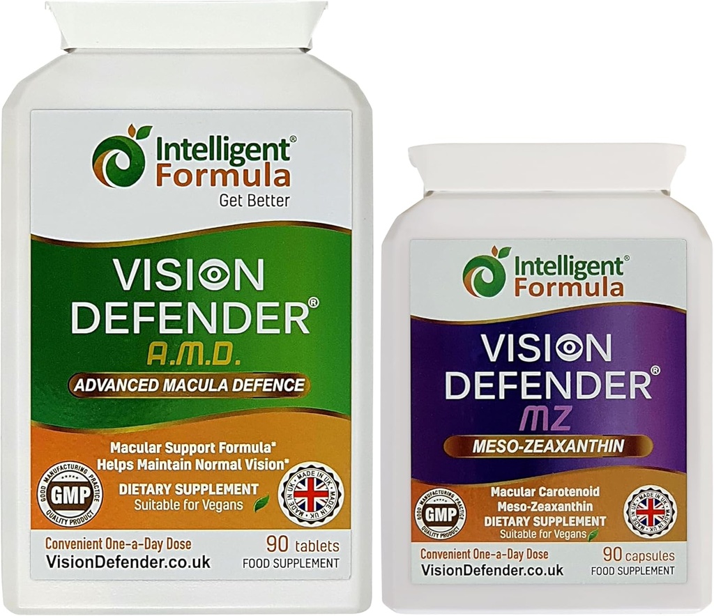 Vision Defender AMD et Vision Defender MZ Macula Health Bundle - AREDS2 Formula boosted by Optimum High Strength Meso-Zeaxanthin Vegan Health Supplement (90 jours d'approvisionnement)