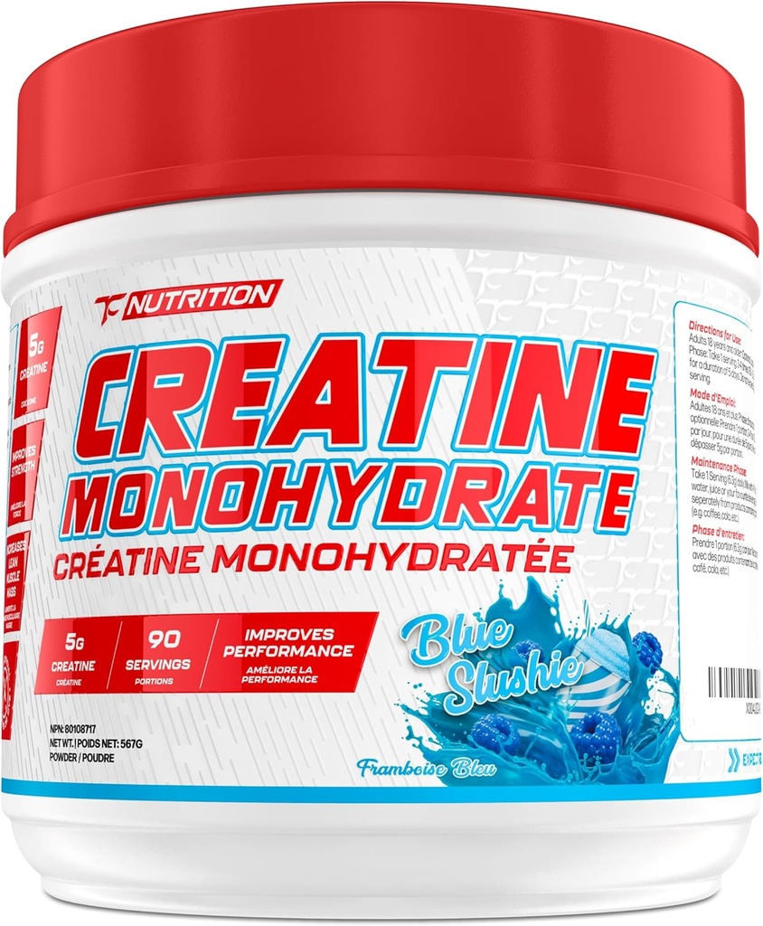 TC Nutrition Poudre monohydratée de la créatine 5g - Poudre pure de la créatine pour augmenter la force, la croissance musculaire, l'endurance et le rendement (90 portions - Slushie bleue, 90 portions - Slushie bleue)