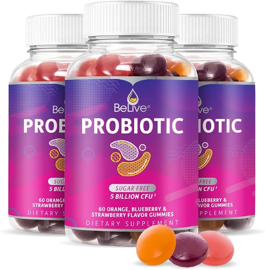 Gommies probiotiques BeLive - Probiotiques avec 5 milliards d'UCF pour la santé digestive, hommes, femmes et enfants suppléments probiotiques pour le soutien immunitaire, sans sucre et végétalien – Blueberry, fraise et orange