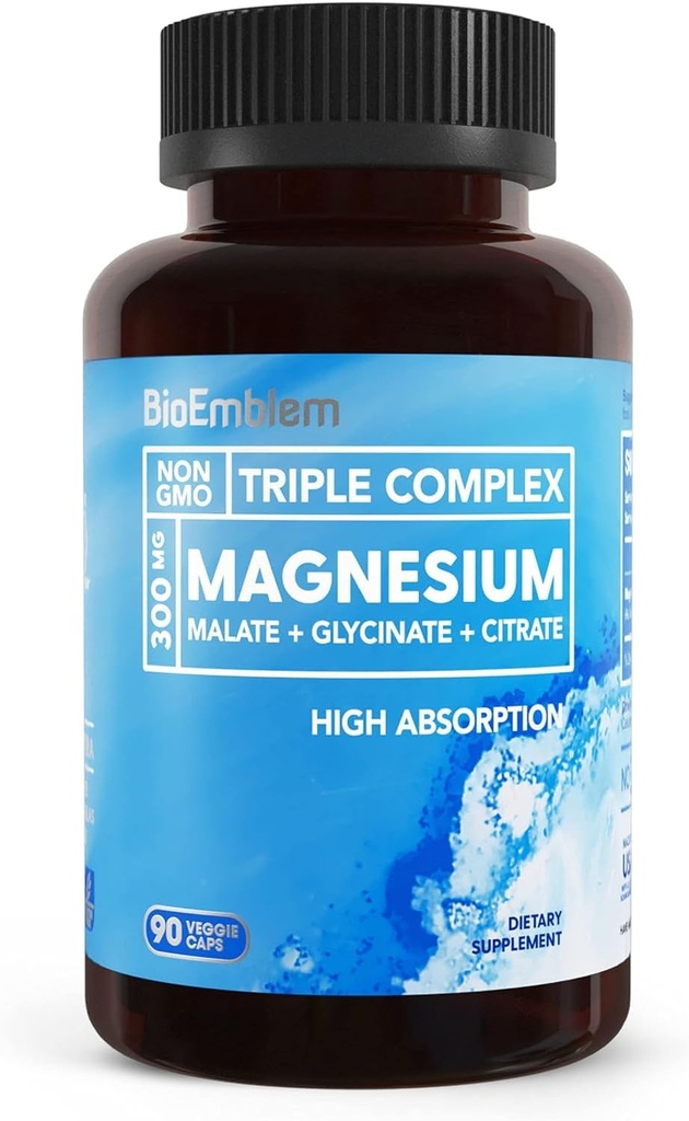 BioEmblem Triple Magnésium Complexe de 300mg Magnésium Glycinate, Malate et Citrate.