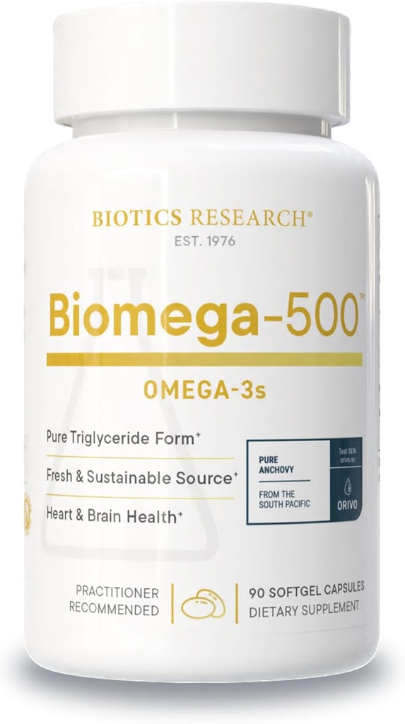 Recherche en biotique Biomega 500 Omega 3 Supplément huile de poisson, huile de poisson hautement concentrée avec EPA/DHA, acides gras Omega 3, supporte les capsules immunitaires et cardiovasculaires 90 Softgel